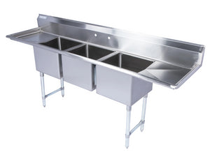 Stainless Steel Three Compartment Individual Bowl Sink W/ Double Side Drainboard