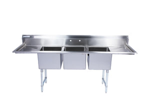 Stainless Steel Three Compartment Individual Bowl Sink W/ Double Side Drainboard