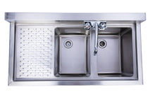 Load image into Gallery viewer, KCS-BS3-2L Two Bowl Under Bar Hand Sink With Swivel Faucet 36&quot;x18.5&quot;x30&quot; with Left Drainboard