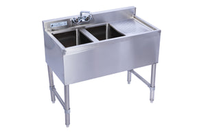 KCS-BS3-2R Two Bowl Under Bar Hand Sink With Swivel Faucet 36"x18.5"x30" with Right Drainboard