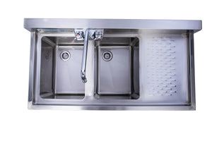 KCS-BS3-2R Two Bowl Under Bar Hand Sink With Swivel Faucet 36"x18.5"x30" with Right Drainboard