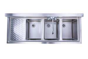 KCS-BS4-3L Three Bowl Under Bar Hand Sink With Swivel Faucet 48"x18.5"x30" with Left Drainboard