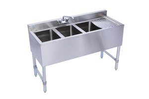 KCS-BS4-3R Three Bowl Under Bar Hand Sink With Swivel Faucet 48"x18.5"x30" with Right Drainboard