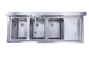 KCS-BS4-3R Three Bowl Under Bar Hand Sink With Swivel Faucet 48"x18.5"x30" with Right Drainboard