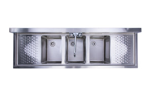 Three Bowl Under Bar Hand Sink With Swivel Faucet with 2 Side Drainboards