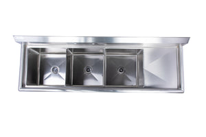 Three Compartment Stainless Steel Commercial Sink With Right Side Drainboard