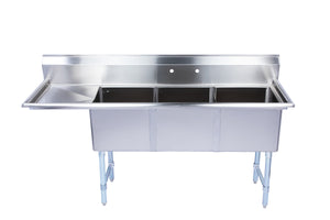 Three Compartment Stainless Steel Commercial Sink With Left Side Drainboard