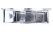 Load image into Gallery viewer, Three Compartment Stainless Steel Commercial Sink With Left Side Drainboard