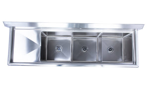 Three Compartment Stainless Steel Commercial Sink With Left Side Drainboard