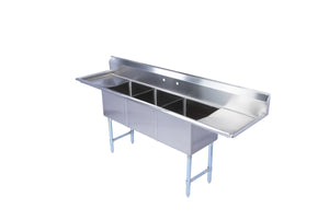 Three Compartment Stainless Steel Commercial Sink With 2 Side Drainboards