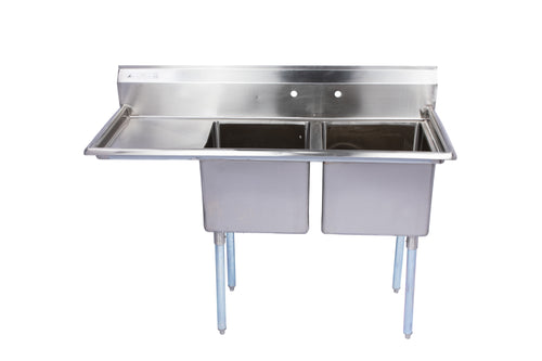 Two Compartment Stainless Steel Commercial Sink With Left Drainboard